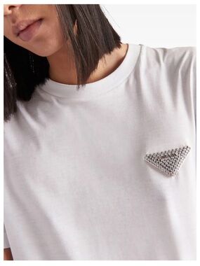 Prada White Short-Sleeve Crewneck Tee with Silver Stud Triangle